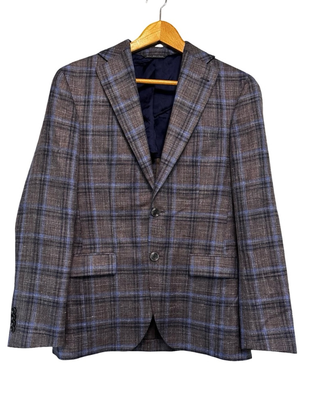 Jack Victor Blazer 36S Brown Blue Plaid Loro Piana Summertime Wool Silk Linen